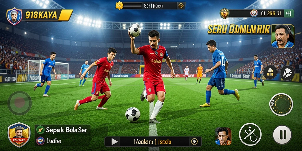 Screenshot menunjukkan aksi gameplay sepak bola yang intens.