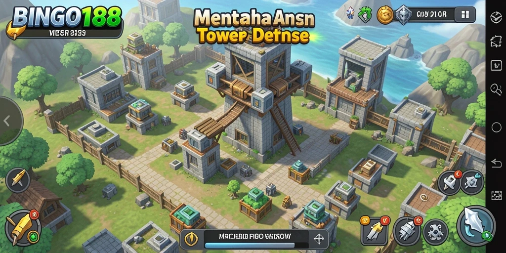 Tampilan gameplay menawan di BINGO188 dengan menara pertahanan yang tangguh.