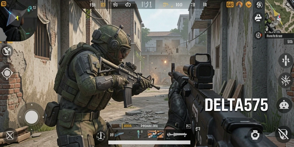 Screenshot gameplay DELTA575 menampilkan pertempuran yang mendebarkan dan dinamis.