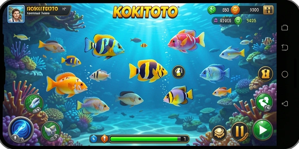 Screenshot gameplay KOKITOTO menampilkan aksi menembak ikan di lautan.