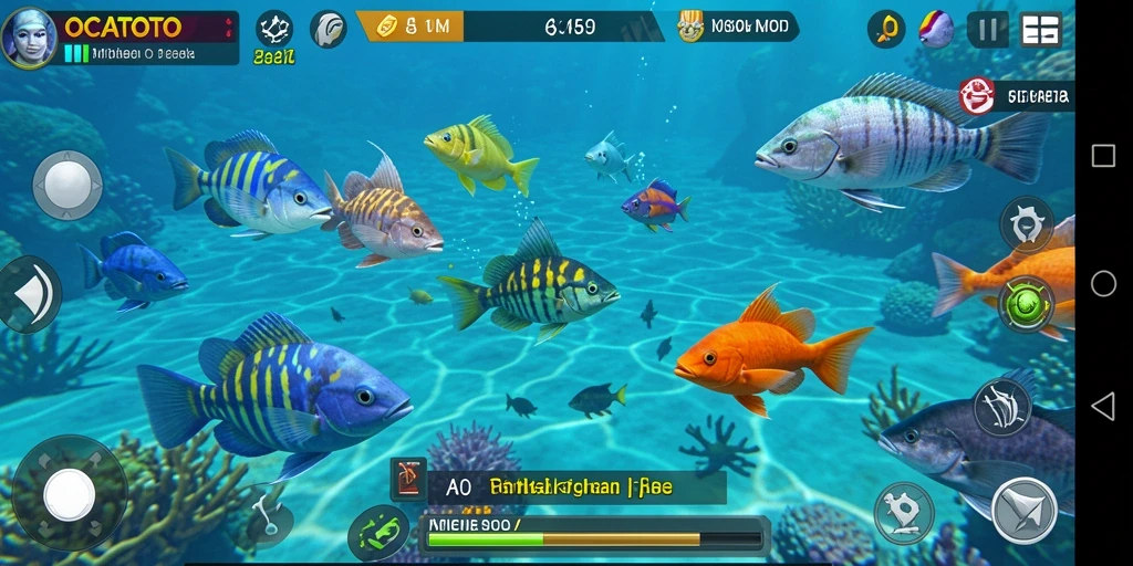 Tangkapan layar gameplay OCATOTO menampilkan aksi menembak ikan yang menarik.