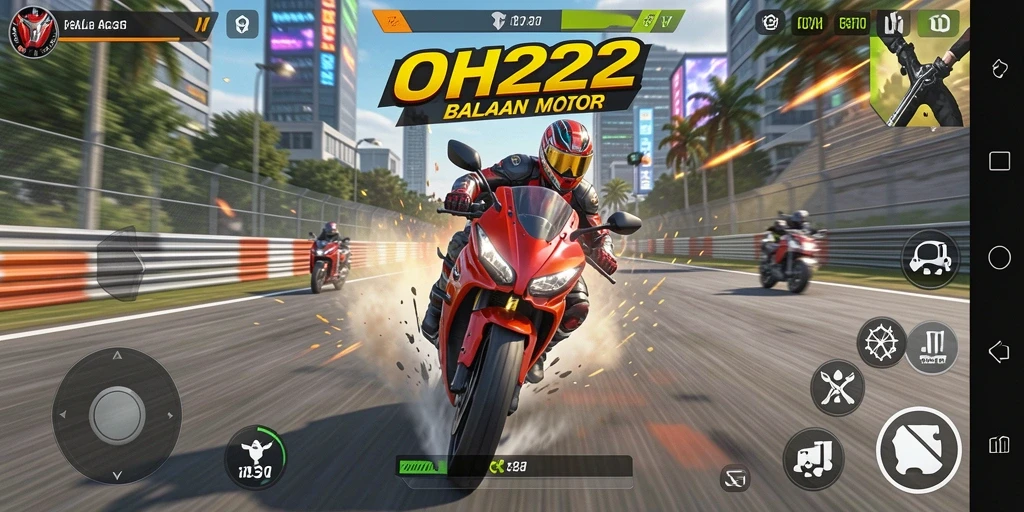 Screenshot gameplay motor balap yang mendebarkan