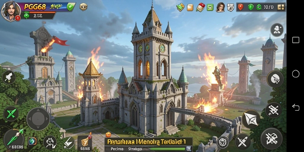 Tampilan gameplay PGG68 dengan pertahanan menara yang strategis.